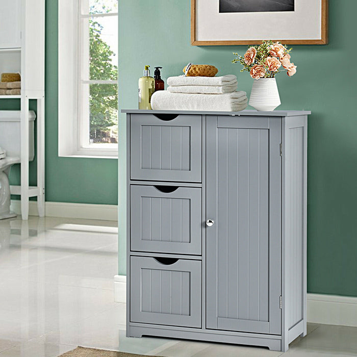 Bathroom Floor Cabinet Side Storage Cabinet with 3 Drawers and 1 Cupboard-Gray