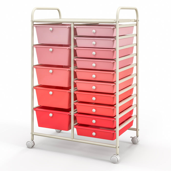 15-Drawer Utility Rolling Organizer Cart Multi-Use Storage-Gradient Pink