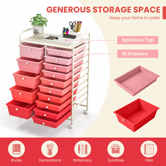 15-Drawer Utility Rolling Organizer Cart Multi-Use Storage-Gradient Pink