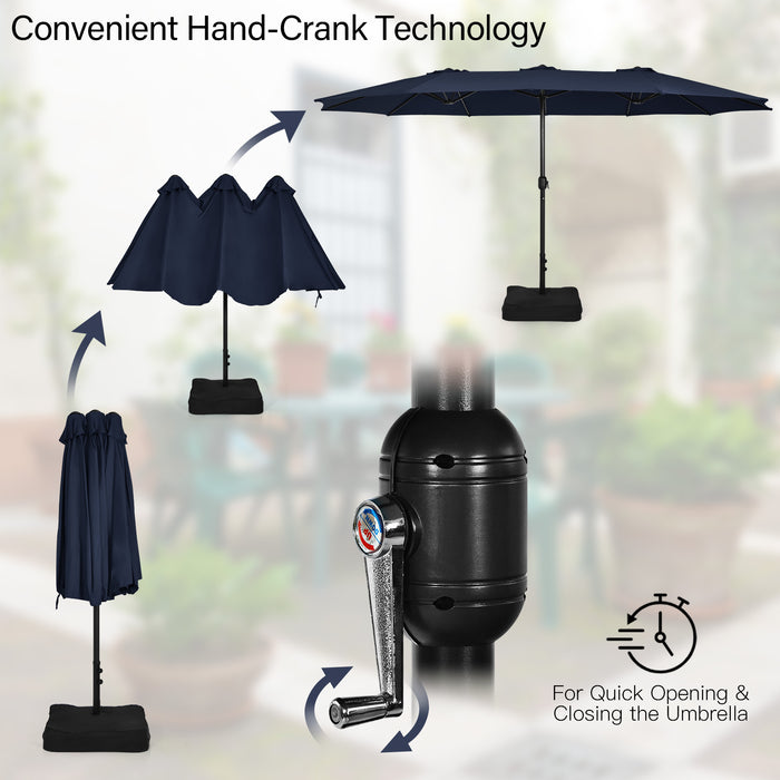 15 Feet Double-Sided Twin Patio Umbrella with Crank and Base-Navy