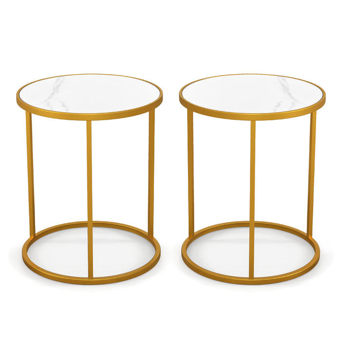 16 Inch Marble Top Round Side Table with Golden Metal Frame for Living Room Bedroom-Set of 2