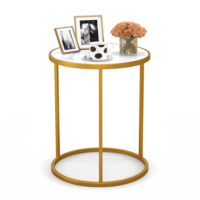 16 Inch Marble Top Round Side Table with Golden Metal Frame for Living Room Bedroom-1 Piece