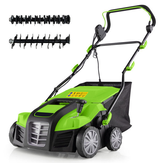 16-Inch Electric Lawn Dethatcher and Scarifier with Collection Bag-Green