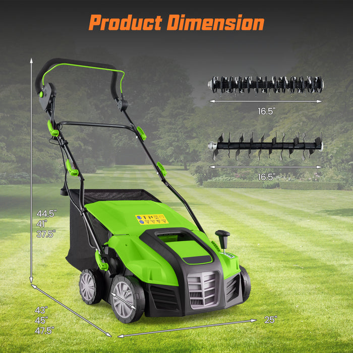 16-Inch Electric Lawn Dethatcher and Scarifier with Collection Bag-Green