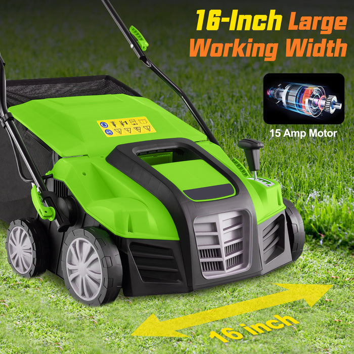 16-Inch Electric Lawn Dethatcher and Scarifier with Collection Bag-Green