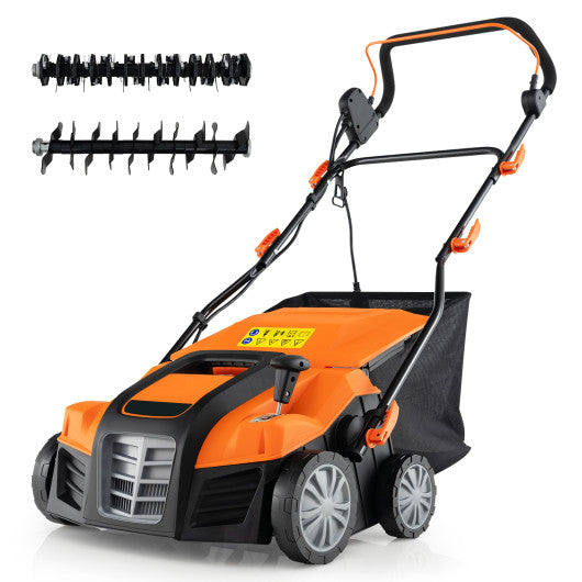 16-Inch Electric Lawn Dethatcher and Scarifier with Collection Bag-Orange