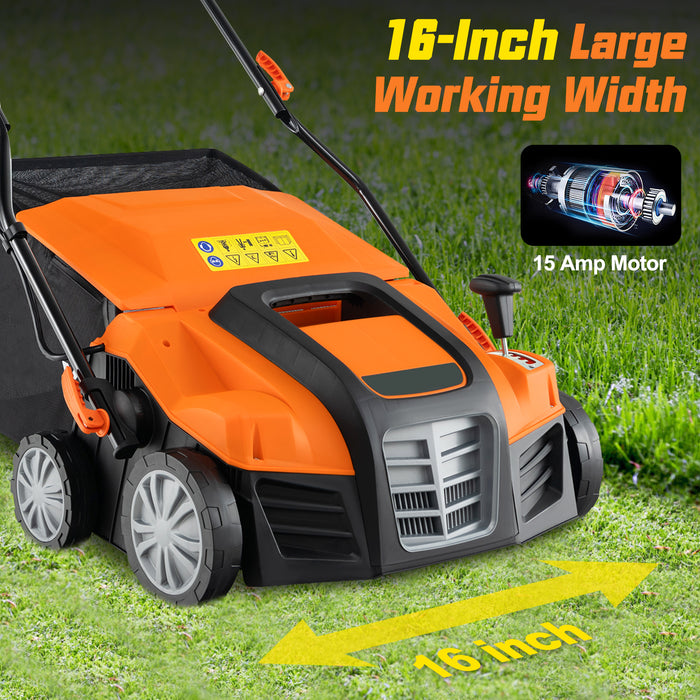 16-Inch Electric Lawn Dethatcher and Scarifier with Collection Bag-Orange