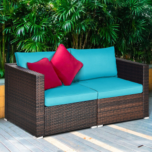 2PCS Patio Rattan Sectional Conversation Sofa Set-Blue