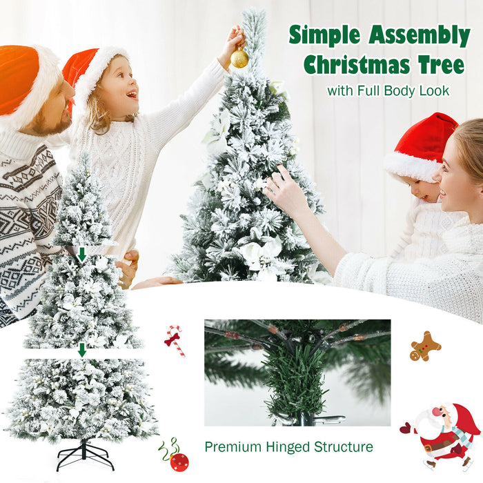 7 Feet Snow Flocked Christmas Tree with Poinsettia Flowers