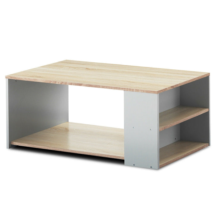 Coffee Table Sofa Side Table with Storage Shelves -Natural