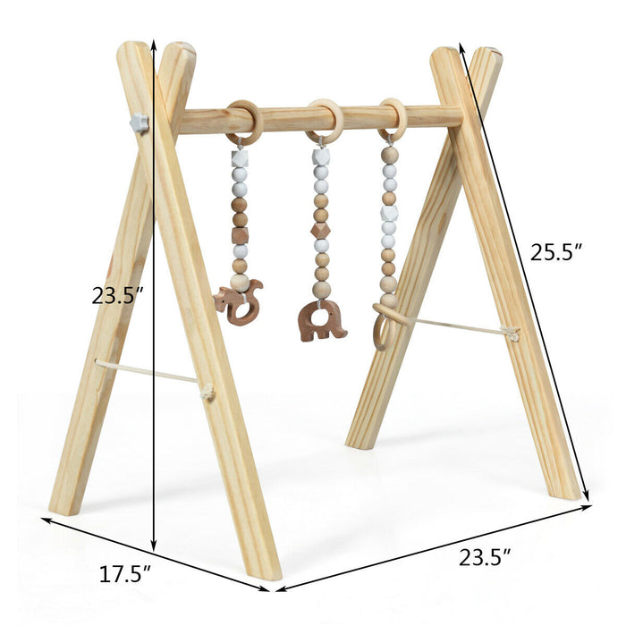 Portable 3 Wooden Newborn Baby Exercise Activity Gym Teething Toys Hanging Bar-Natural