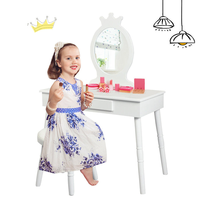 Kids Vanity Makeup Table & Chair Set Make Up Stool-White