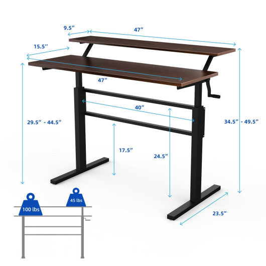 Standing Desk Crank Adjustable Sit to Stand Workstation -Brown