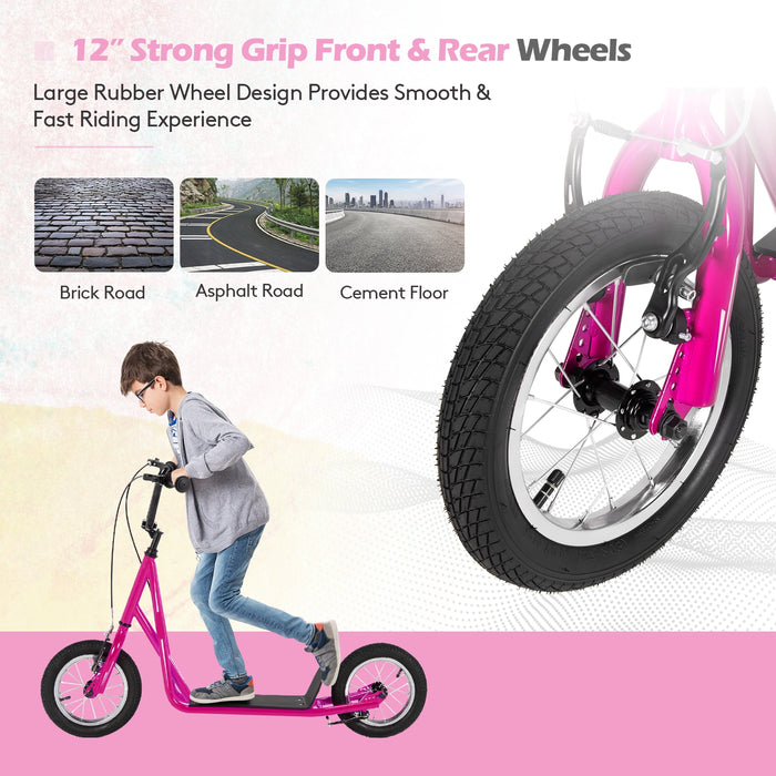 Height Adjustable Kid Kick Scooter with 12 Inch Air Filled Wheel-Pink