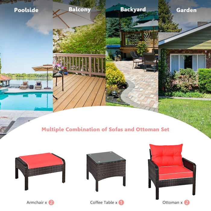 5 Pieces Patio Rattan Sofa Ottoman Furniture Set with Cushions-Red