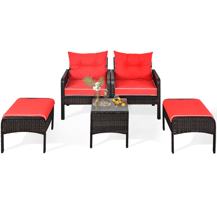 5 Pieces Patio Rattan Sofa Ottoman Furniture Set with Cushions-Red