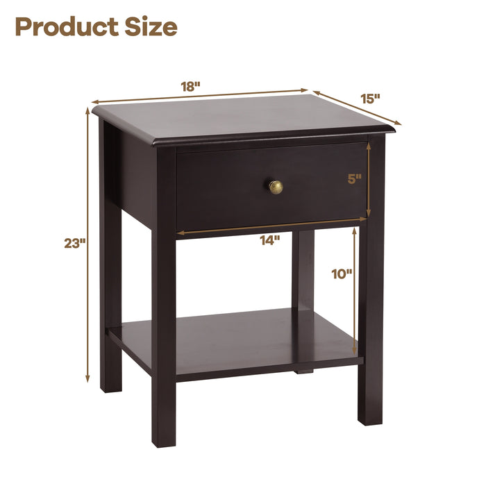 Nightstand End Table with Drawer and Shelf-Brown