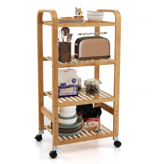 Bamboo Utility Cart with Storage Shelf and Lockable Casters-4-Tier