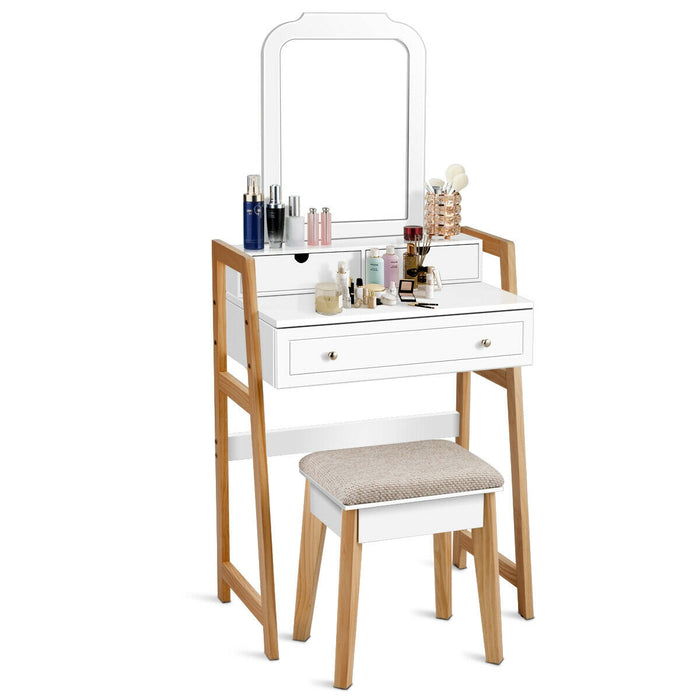 Vanity Table Set with Cushioned Stool and Large Mirror