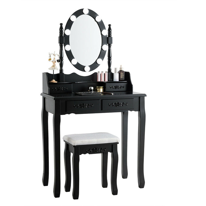 Makeup Dressing Table with Touch Switch Lighted Mirror and Cushioned Stool-Black