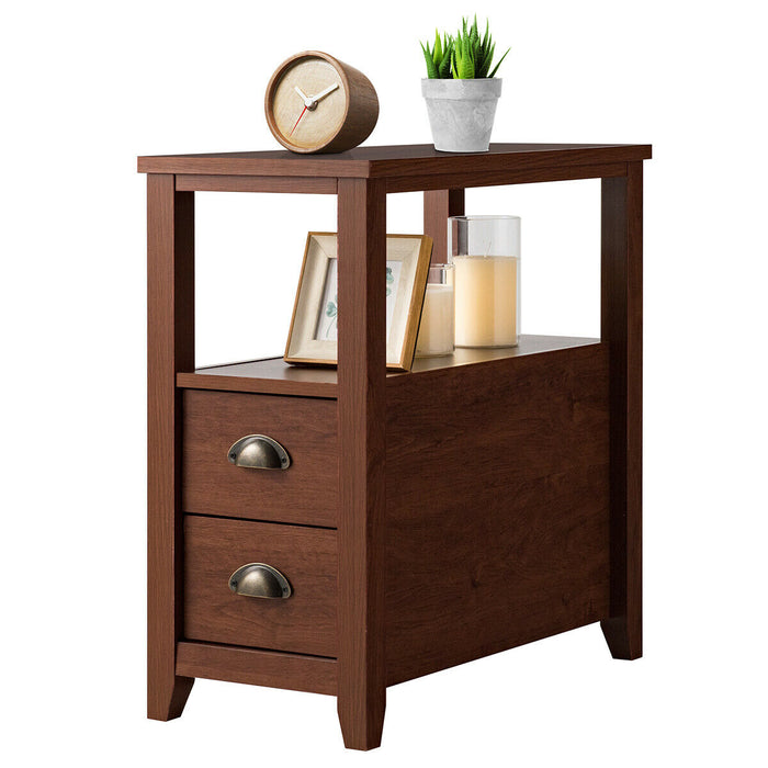 End Table Wooden with 2 Drawers and Shelf Bedside Table-Brown