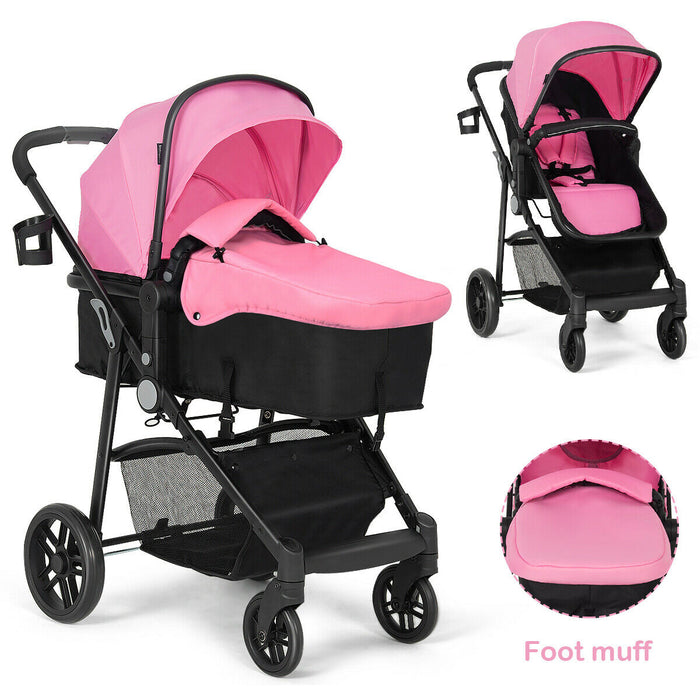 2-in-1 Foldable Pushchair Newborn Infant Baby Stroller-Pink