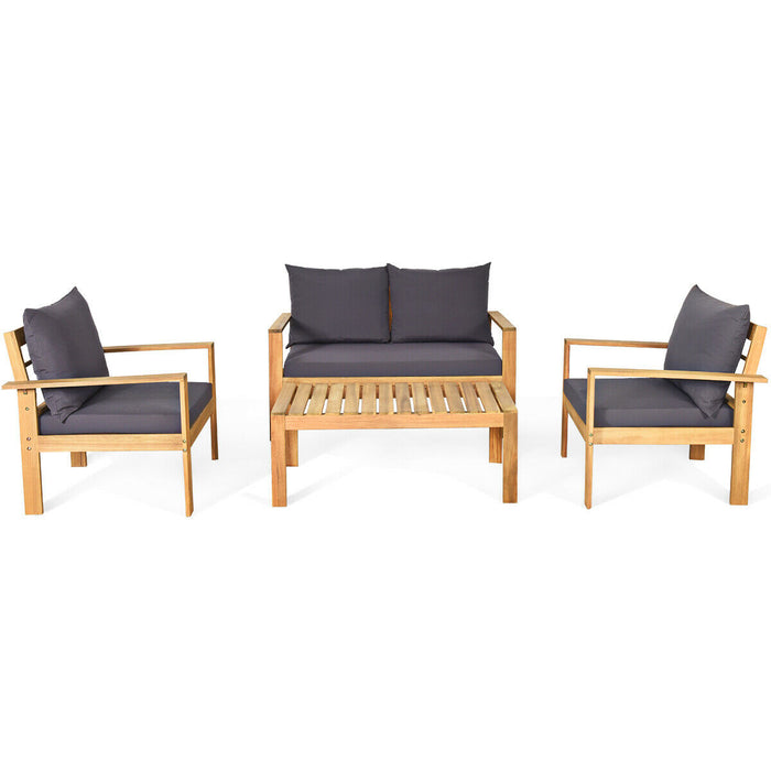 Outdoor 4 Pieces Acacia Wood Chat Set with Water Resistant Cushions-Gray