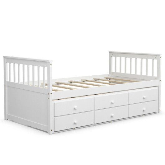 Twin Captainâ€™s Bed with Trundle and 3 Storage Drawers-White