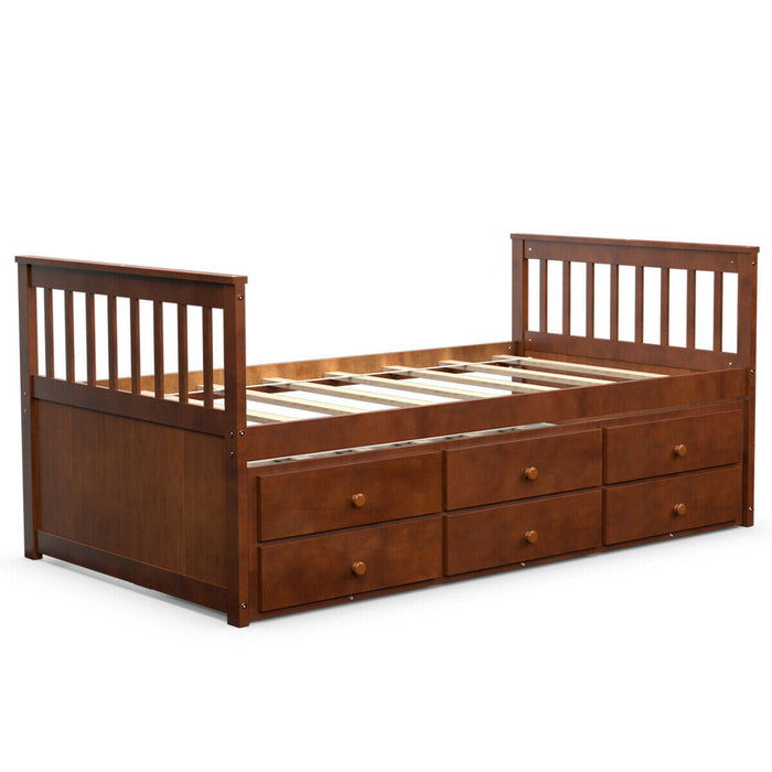 Twin Captainâ€™s Bed with Trundle and 3 Storage Drawers-Walnut