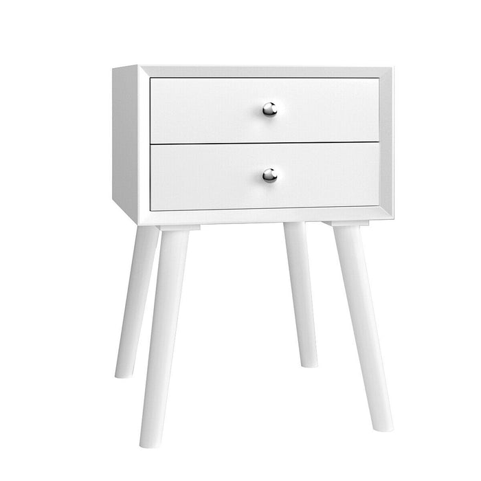 Wooden Nightstand Mid-Century End Side Table with 2 Storage Drawers-White