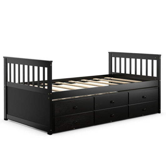 Twin Captainâ€™s Bed with Trundle and 3 Storage Drawers-Dark Brown