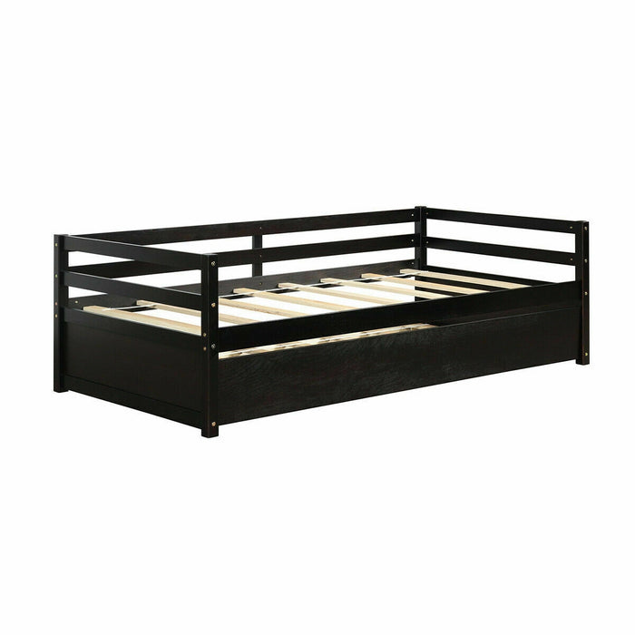 Twin Size Wooden Slat Trundle Platform-Dark Brown