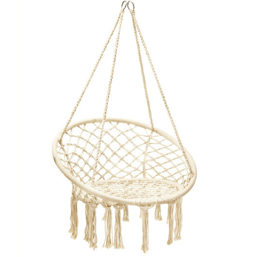 Hanging Macrame Hammock Chair with Handwoven Cotton Backrest-Natural