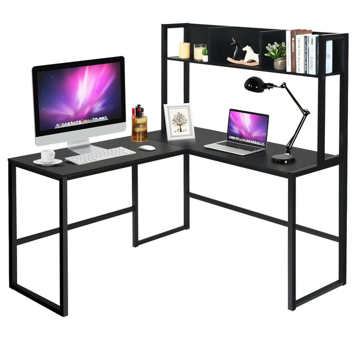 Reversible L-Shaped Corner Desk with Storage Bookshelf-Black