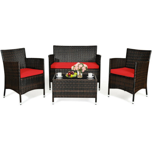 4 Pieces Comfortable Rattan Outdoor Conversation Furniture Set with Glass Table