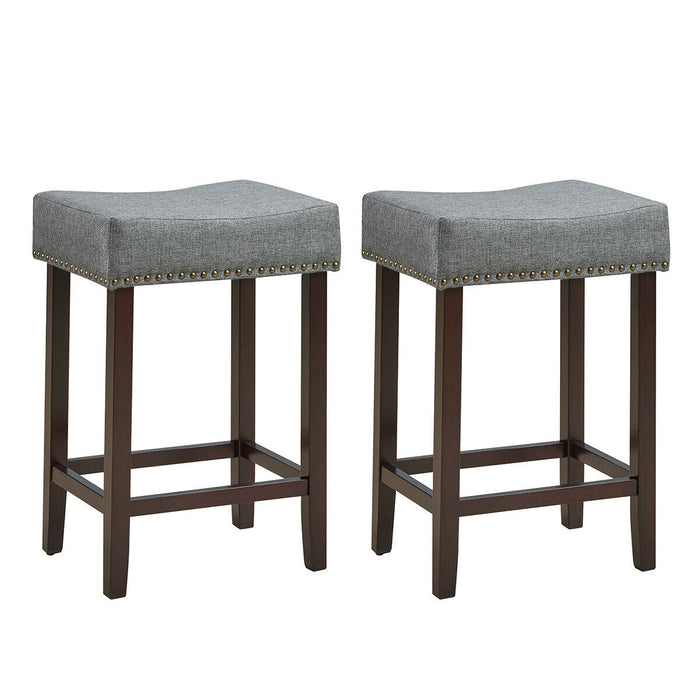 2 Pieces Nailhead Saddle Bar Stools with Fabric Seat and Wood Legs-Gray