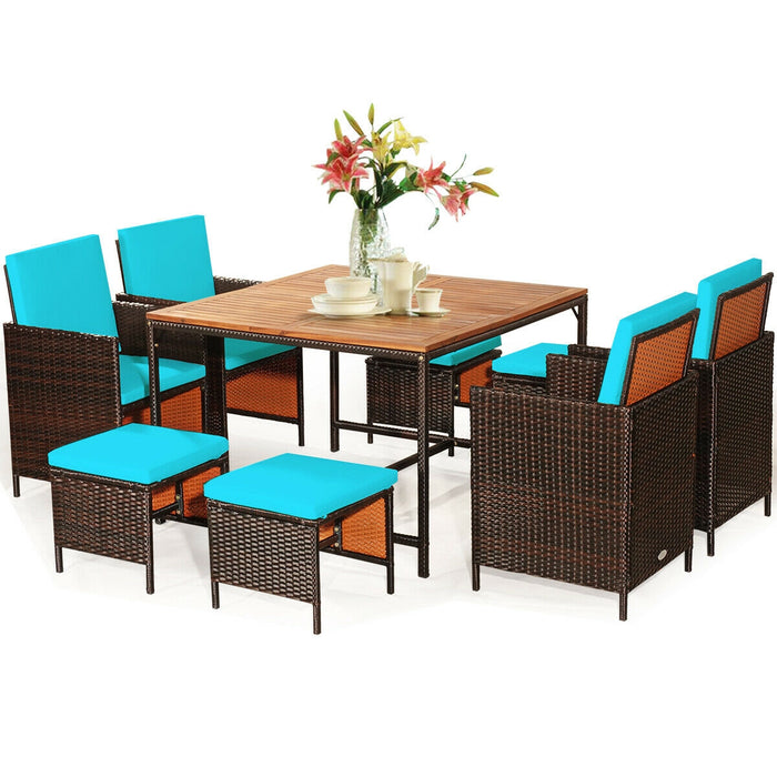 9 Pieces Patio Rattan Dining Cushioned Chairs Set-Turquoise