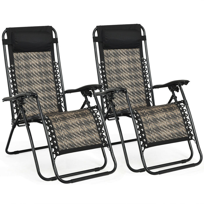 2 Pieces Folding Patio Rattan Zero Gravity Lounge Chair-Gray