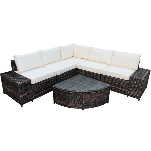 6 Piece Wicker Patio Sectional Sofa Set with Tempered Glass Coffee Table-White