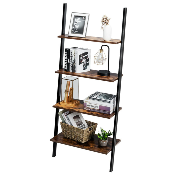 Multipurpose 4-Tier Industrial Leaning Wall Bookcase with Metal Frame-Brown