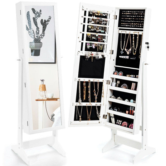 Jewelry Cabinet Stand Mirror Armoire with Large Storage Box-White