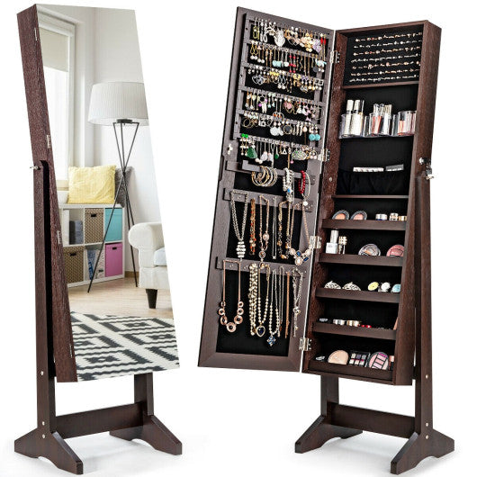 Standing Jewelry Armoire Cabinet with Full Length Mirror-Brown