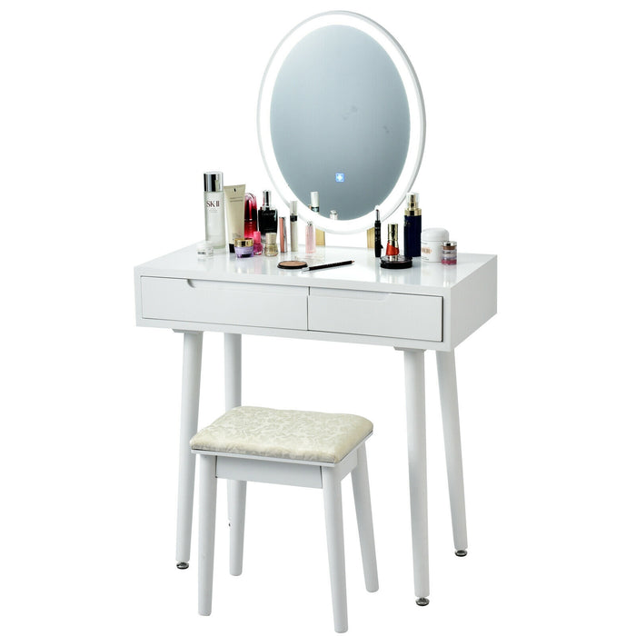 Touch Screen Vanity Makeup Table Stool Set with Lighted Mirror-White