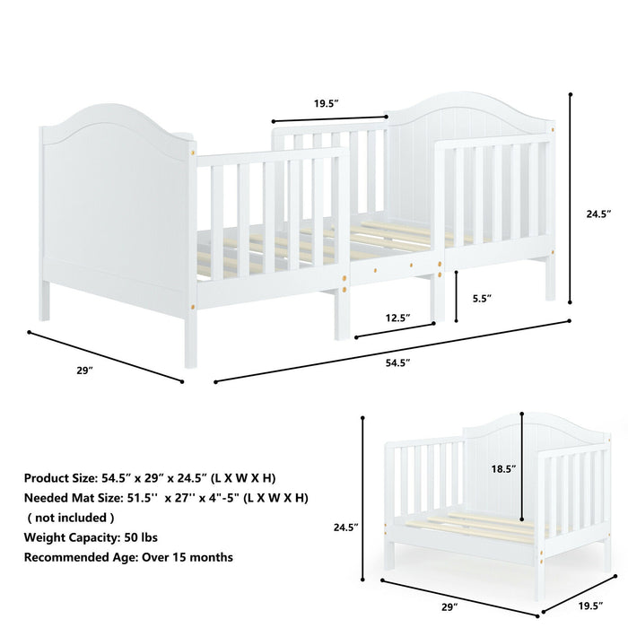 2-in-1 Classic Convertible Wooden Toddler Bed with 2 Side Guardrails for Extra Safety-White