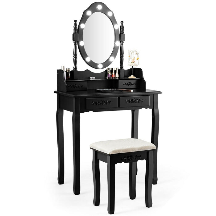 Makeup Vanity Dressing Table Set with Dimmable Bulbs Cushioned Stool-Black