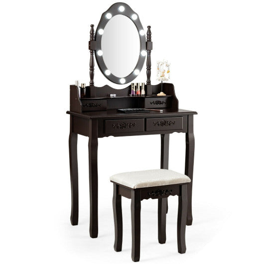 Makeup Vanity Dressing Table Set with Dimmable Bulbs Cushioned Stool-Coffee