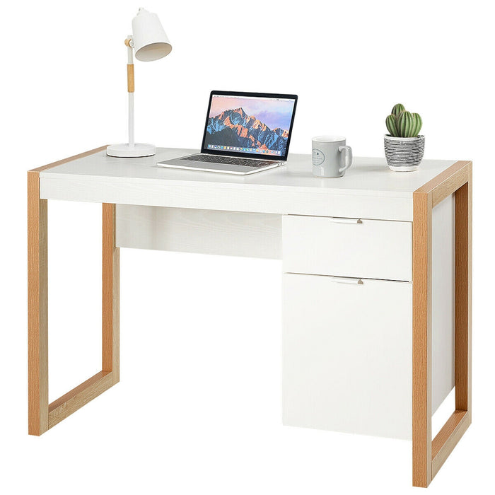 Modern Computer Desk Study Table Writing Workstation with Cabinet and Drawer-White