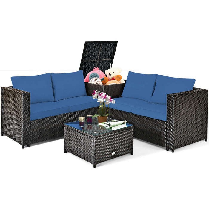 4 Pieces Outdoor Patio Rattan Furniture Set with Cushioned Loveseat and Storage Box-Navy