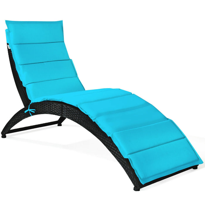 Folding Patio Rattan Portable Lounge Chair Chaise with Cushion-Turquoise