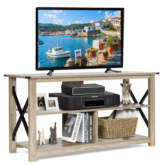 3 Tier Wood TV Stand for 55-Inch with Open Shelves and X-Shaped Frame-Gray